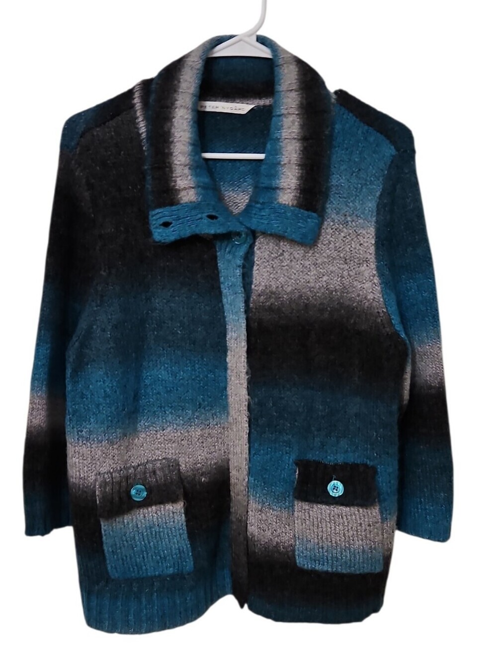 Peter Nygard Mohair Blend Teal Gray Black Green Striped Ombre Sweater Cardigan L